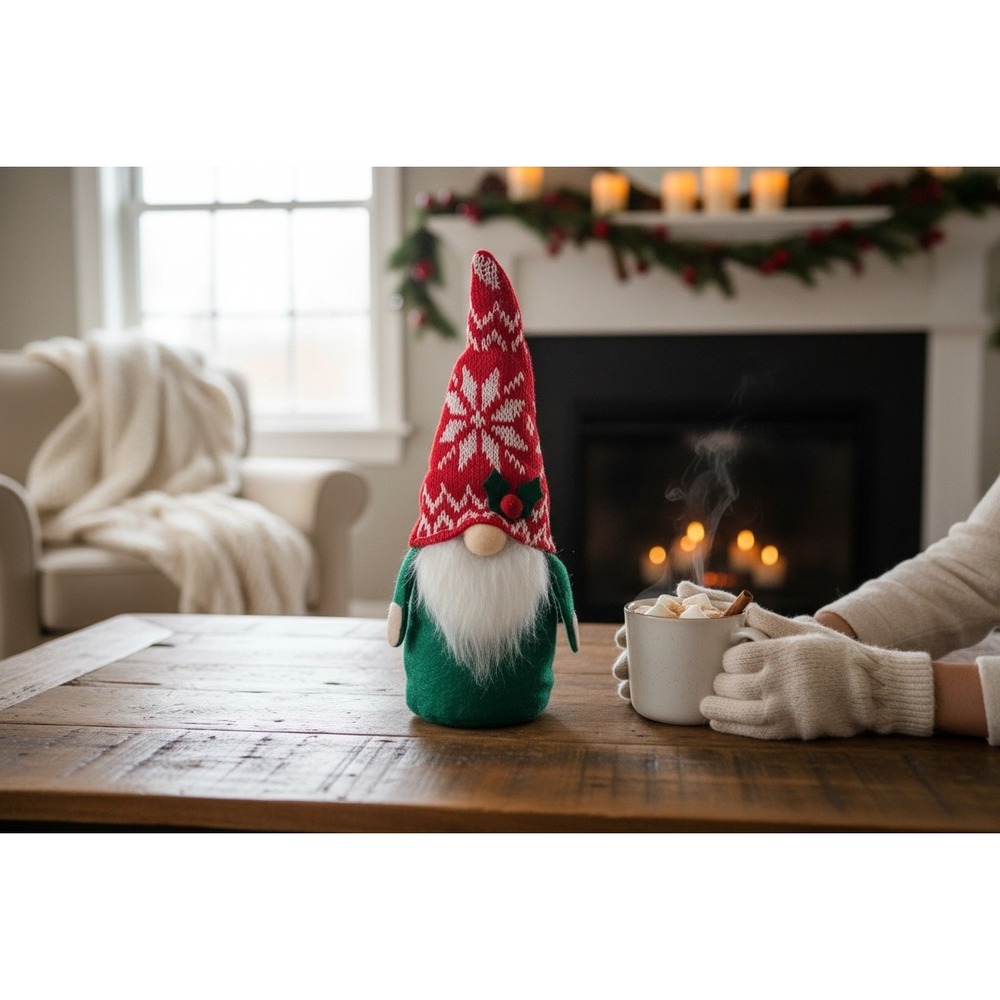 Holiday Style Gnome Sitter Plush Red Green Snowflake Hat Christmas Decor Kids